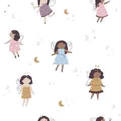 Seamless pattern with cute fairy girl in pretty dresses