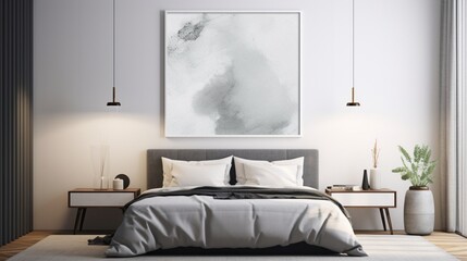 A mockup poster blank frame, hanging on a chiselled marble wall, becomes a focal point in a sleek modern bedroom.
