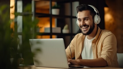 Happy man student wearing headphones study online using laptop on blurred home background.