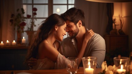Happy young couple in love hugging each other and drinking wine on the anniversary dating night, romantic dim light, decent dinner, with copy space, great for Valentine's night, dating night.