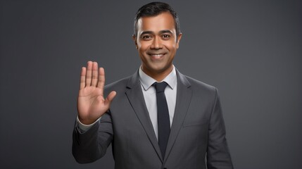 Confident smiling business man investor in decent business suit with right hand up isolated on gray background with copy space, gesture of say Hi, waving hand, Hi five, saying goodbye and taking oath