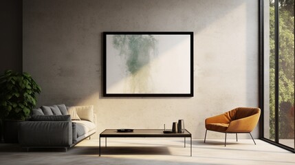 A Mockup poster blank frame, hanging on glass wall, above glass coffee table, Contemporary art gallery