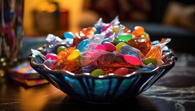 Photo of a colorful bowl filled with a variety of candies on a tabletop