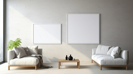 A Mockup poster blank frame, hanging on marble wall, above minimalist coffee table, Contemporary loft