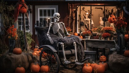 Photo of a spooky Halloween-themed skeleton sitting in a wheelchair surrounded by pumpkins - obrazy, fototapety, plakaty