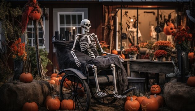 Photo of a spooky Halloween-themed skeleton sitting in a wheelchair surrounded by pumpkins