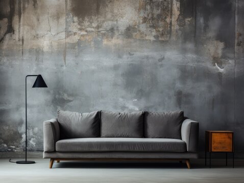 grey sofa in living room in industrial style design with grey background can be use for wallpaper, news, mockup, copy space