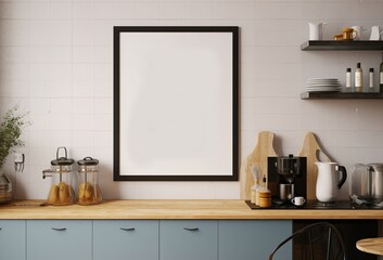Mock up poster frame in kitchen interior, Generative AI 