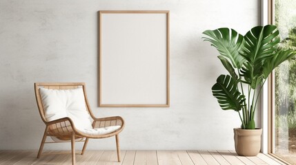 A Mockup poster blank frame, hanging on marble wall, above rattan chair, Tropical paradise