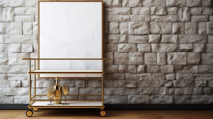 A Mockup poster blank frame, hanging on marble wall, above vintage bar cart, Gatsby-inspired lounge