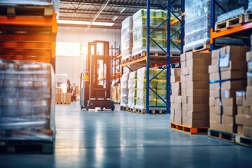 Retail warehouse full of shelves with goods in cartons, with pallets and forklifts. Logistics and transportation blurred background. Product distribution center - Generative AI - obrazy, fototapety, plakaty