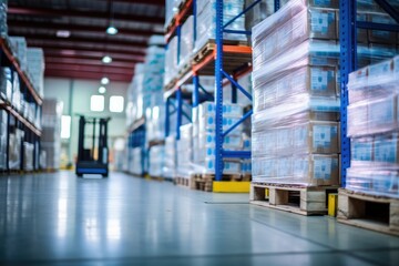 Retail warehouse full of shelves with goods in cartons, with pallets and forklifts. Logistics and transportation blurred background. Product distribution center - Generative AI