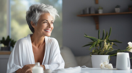 Gray haired senior woman with short haircut drinking coffee at home