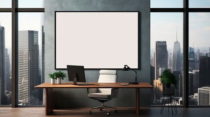 A Mockup poster blank frame, hanging on glass wall, above glass desk, Contemporary executive office