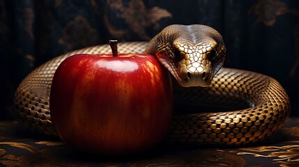 The tempter serpent and the forbidden fruit, biblical illustration. - obrazy, fototapety, plakaty