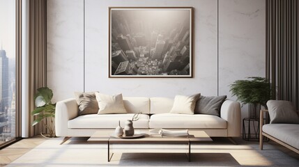 A Mockup poster blank frame, hanging on marble wall, above glass-top coffee table, Contemporary penthouse - obrazy, fototapety, plakaty
