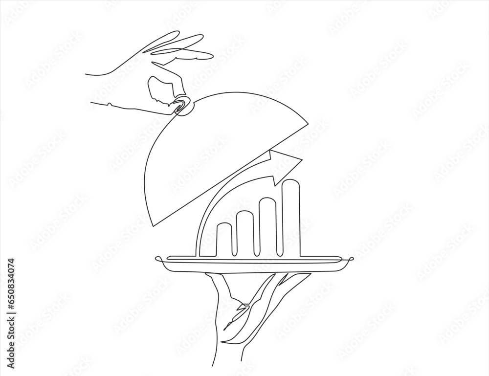 Poster continuous line vector illustration of hand holding dish with graph going up with an arrow on white 