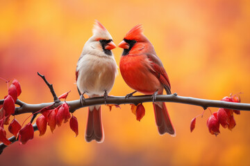 Pair of cardinal birds in an autumn scene - Powered by Adobe