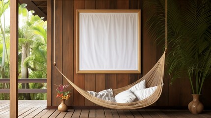 A Mockup poster blank frame, hanging on bamboo wall, above bohemian hammock, Boho paradise