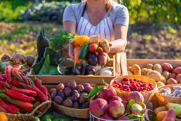 A woman farmer sells fruits and vegetables at a farmers market. Selective focus.