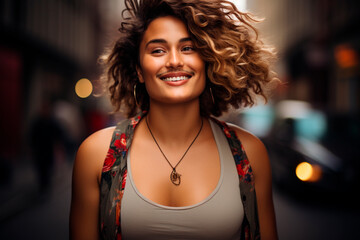 Portrait of a person of undefined gender smiling while standing on a city street. Woman with mustache. - obrazy, fototapety, plakaty