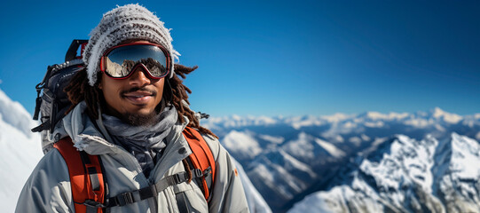 Portrait of a very warm smiling African American man in a coat and wool cap wearing snow goggles and a large backpack on top of a snowy mountain. - obrazy, fototapety, plakaty