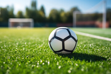 Fototapeta premium Soccer ball on the white line on the grass, which marks the area of the soccer field.