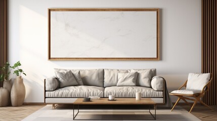 A mockup poster blank frame, suspended on a chiselled marble wall, becomes a conversation piece in a modern living room.