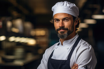 Chef man in uniform against the background of a restaurant kitchen