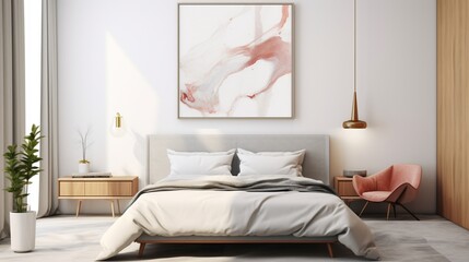 A Mockup poster blank frame, tastefully positioned on a marble wall, adding an element of modern artistry above a modern bed, in perfect harmony with carefully curated furniture in a modern living roo