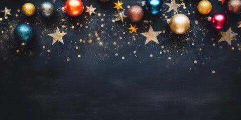 Merry Christmas, greeting card, Christmas balls and stars on dark table, top view, background, space for text - obrazy, fototapety, plakaty