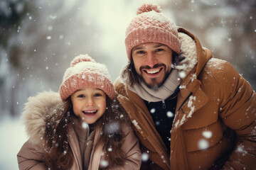 Young father with daughter in winter snowy day