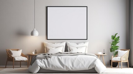A Mockup poster blank frame, tastefully displayed on a marble wall, enhancing the ambiance around a modern bed, nestled amidst carefully curated furniture in a modern living room. Captured in flawless