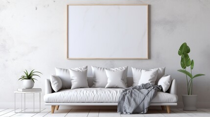 A Mockup poster blank frame, tastefully positioned on a marble wall, elevating the aesthetics of a modern bed, in perfect harmony with thoughtfully chosen furniture in a modern living room. Presented  - obrazy, fototapety, plakaty