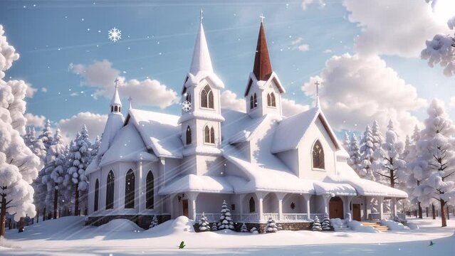 church in winter, snow falling beautifully, beautiful birds chilling