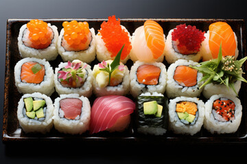 set of various Sushi rolls on a tray, flatley