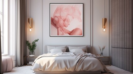 A Mockup poster frame, exuding sophistication, adorning a marble wall above a modern bed, transforming a modern living room into a haven of elegance. Outstanding
