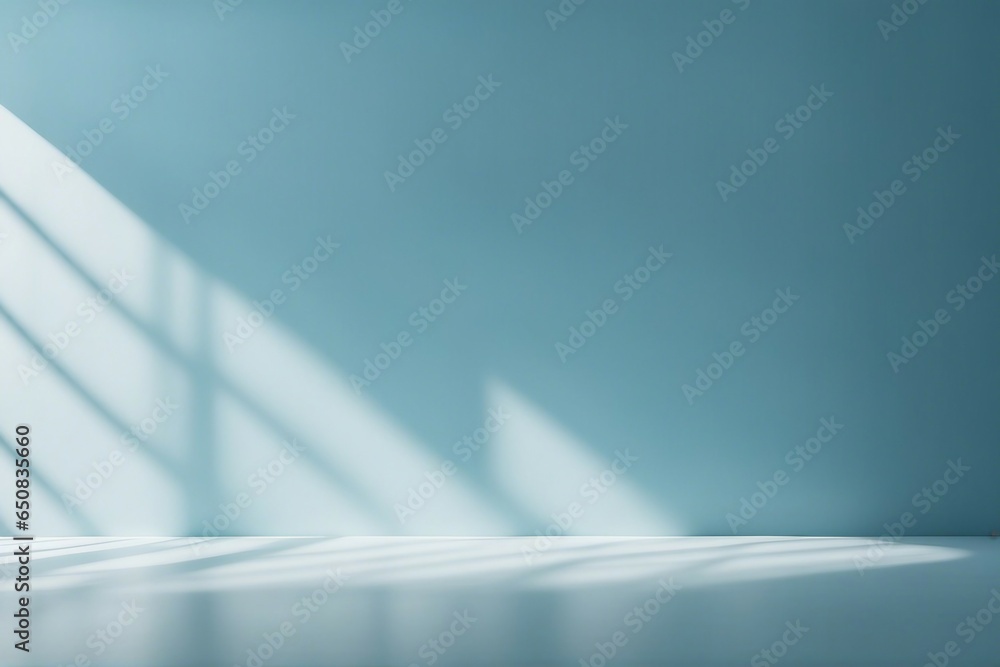 Poster minimal abstract light blue background for product presentation. shadow and light from windows on th