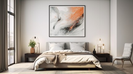 A Mockup poster frame, with timeless allure, hanging on a marble wall above a modern bed, creating an artistic focal point within a chic modern living room. Superlative