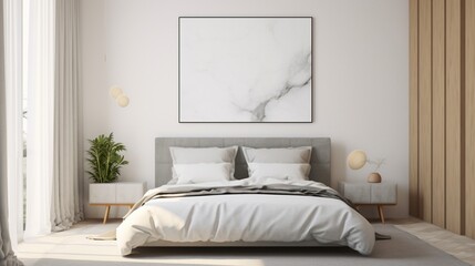 A Mockup poster frame, with understated elegance, adorning a marble wall above a modern bed, creating a sophisticated atmosphere within a modern living room. Impeccable