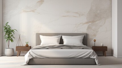 A modern bed, dressed in neutral tones, is framed by a mockup poster blank frame on a polished marble wall.