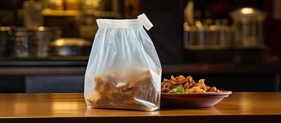 Plastic bag full of take out food orders on a restaurant counter