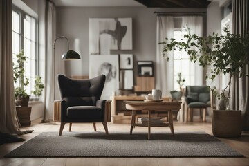 Close-up of a wing chair and rustic wooden coffee table. Interior design of a contemporary living room.