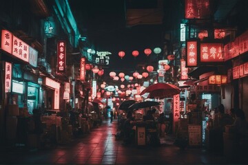 Night in an Asian street of an overpopulated metropolis - obrazy, fototapety, plakaty