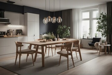 Studio apartment with dining table and chairs. Scandinavian interior design of modern dining room.