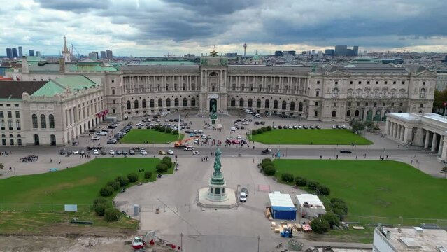 Vienna Heldenplatz, Erzherzog Karl Denkmal aerial footage, vienna austria. Erzherzog Karl-Denkmal monument, Heldenplatz Heroes Square, Hofburg Imperial Palace, Vienna, Austria, Europe