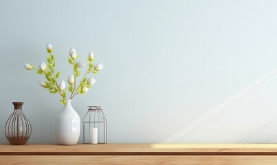 Wall mock up with flower vase, light blue color wall and wooden cabinet, Generative AI  - obrazy, fototapety, plakaty