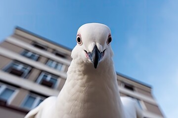 serious curious pigeon takes a selfie in the city