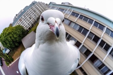 serious curious pigeon takes a selfie in the city