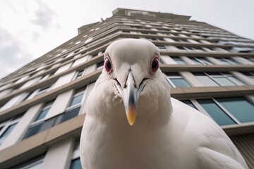 serious curious pigeon takes a selfie in the city